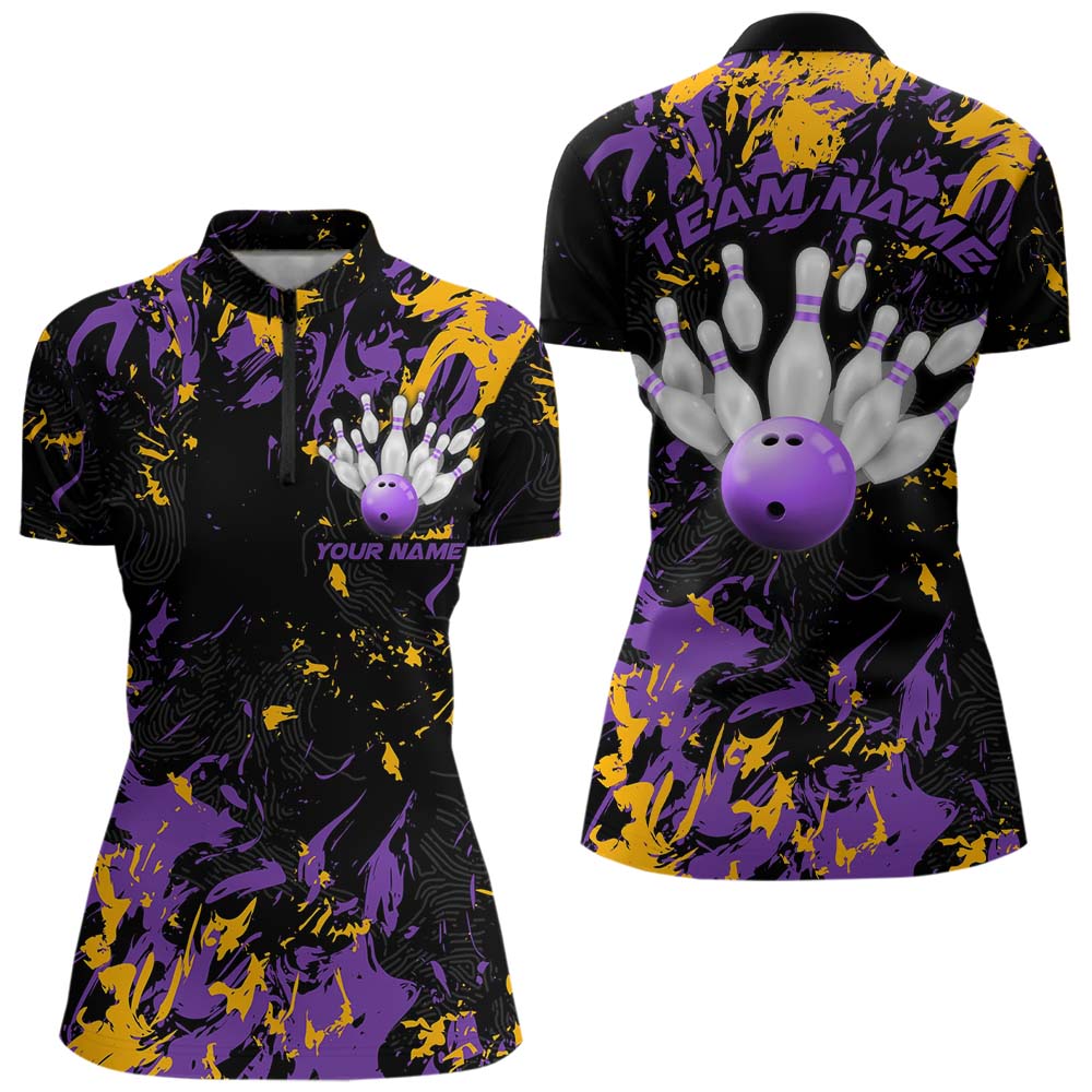 Black, Purple And Yellow Custom Bowling Women Quarter-Zip Shirts, Bowling Team Jerseys IPHW8797