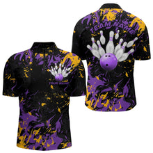 Load image into Gallery viewer, Black, Purple And Yellow Custom Bowling Team Men Quarter-Zip Shirts, Bowling Ball And Pin Jerseys IPHW8797