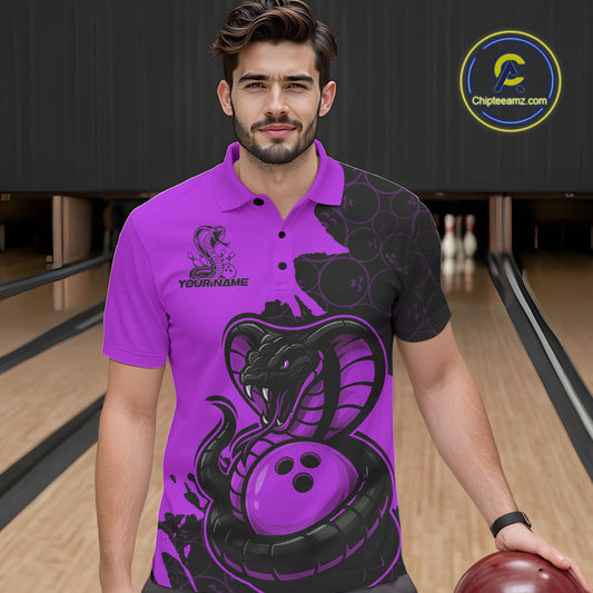 Custom Black And Purple Cobra Snake Bowling Men Polo Shirts Team Uniform Bowling Pattern IPHW9033