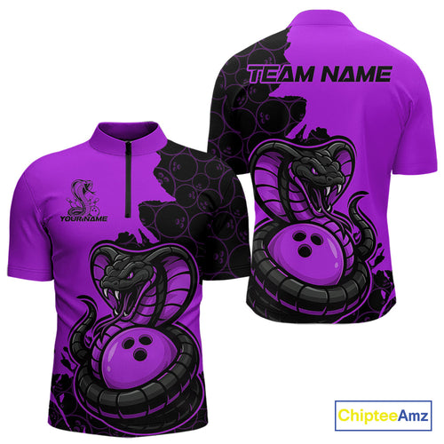 Custom Black And Purple Cobra Snake Bowling Men Quarter-Zip Shirts Team Uniform Bowling Pattern IPHW9033