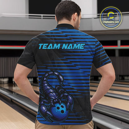 Custom Black And Blue Scorpion Bowling Team Quarter-Zip Shirts For Men, Bowling League Shirt IPHW9034