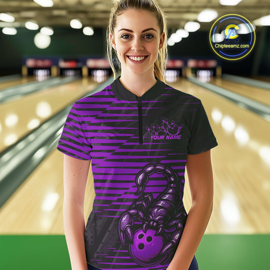 Custom Black And Purple Scorpion Bowling Women Quarter-Zip Shirt, Bowling League Shirt IPHW9035