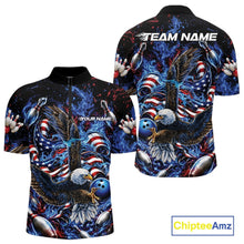 Load image into Gallery viewer, Front and back men’s bowling quarter zip shirt mockup with flaming bald eagle artwork, blue bowling ball, American flag details, and blue flames.