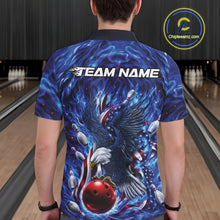 Load image into Gallery viewer, Back view of a male model at the bowling lane wearing a polo shirt with eagle motif, bowling ball, flowing flag accents, and pins.