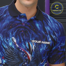 Load image into Gallery viewer, Left chest close up of a bowling polo shirt with eagle artwork positioned around a bowling ball, flowing flag elements, and pins.