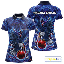 Load image into Gallery viewer, Front and back women’s polo shirt mockup featuring eagle graphics around a bowling ball with flowing flag elements and bowling pins.