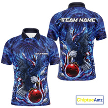 Load image into Gallery viewer, Men’s bowling polo shirt mockup shown front and back with an eagle surrounding a bowling ball, plus flowing flag and bowling pin graphics.