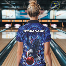 Load image into Gallery viewer, Female model back view in a bowling lane wearing a bowling quarter zip shirt with eagle artwork, bowling ball, flag elements, and pins.