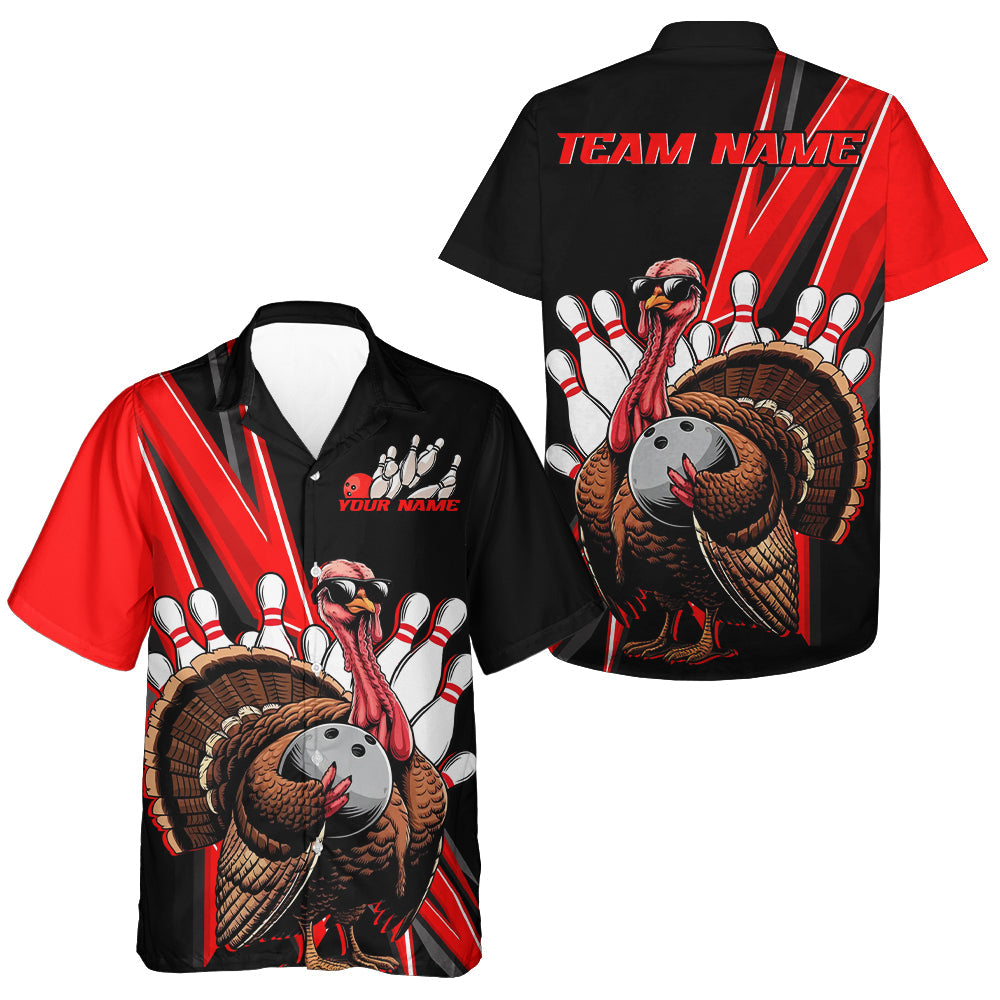 Black And Red Custom Turkey Bowling Hawaiian Shirts For Men, Thanksgiving Bowling Jerseys IPHW7878