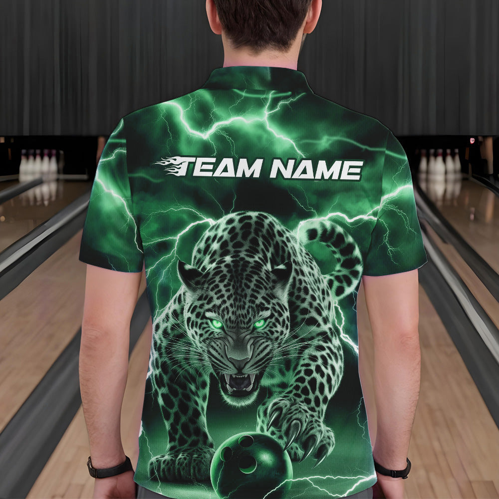 Green Thunder Lightning Custom Leopard Bowling Polo Shirts For Men, Bowling League Shirt IPHW8320