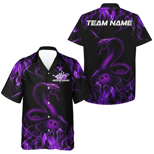 Custom Black And Purple Flame Cobra Snake Bowling Men Hawaiian Shirts, Bowling League Shirt IPHW9041