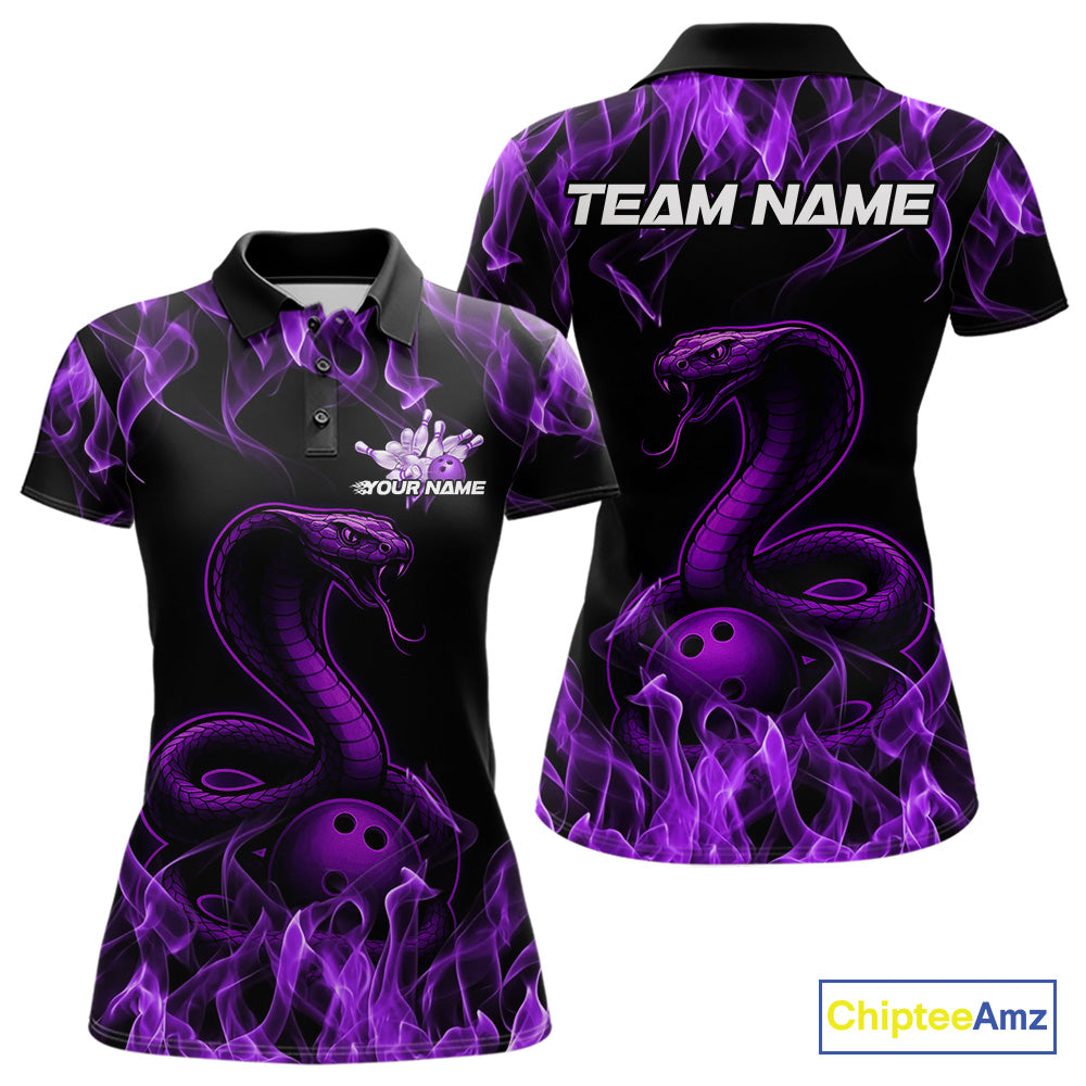 Custom Black And Purple Flame Cobra Snake Bowling Women Polo Shirts, Bowling League Shirt IPHW9041