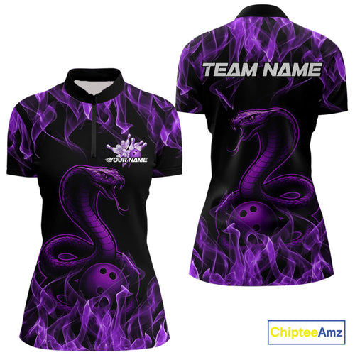 Custom Black And Purple Flame Cobra Snake Bowling Women Quarter-Zip Shirts, Team Shirt IPHW9041