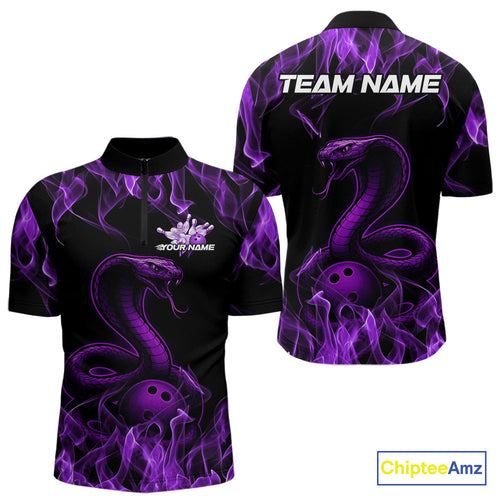 Custom Black And Purple Flame Cobra Snake Bowling Men Quarter-Zip Shirts, Bowling League Shirt IPHW9041