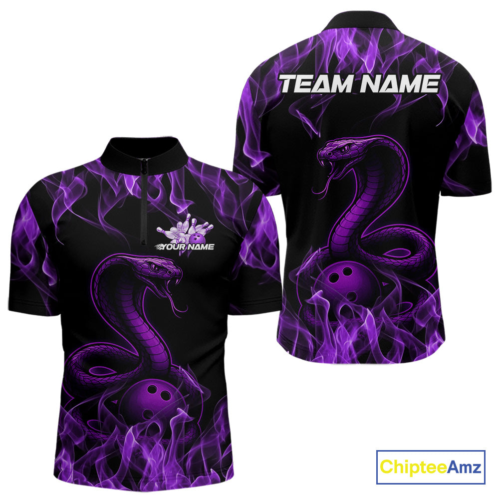 Custom Black And Purple Flame Cobra Snake Bowling Men Quarter-Zip Shirts, Bowling League Shirt IPHW9041