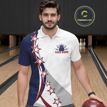 Load image into Gallery viewer, Male model front view at a bowling lane wearing a red, white, and blue bowling polo shirt with sweeping stars and stripe graphics.