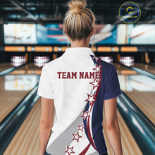 Load image into Gallery viewer, Back view female model at the bowling lane wearing a red, white, and blue bowling polo shirt with sweeping stars and stripe graphics.