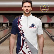 Load image into Gallery viewer, Male model front view at the bowling lane wearing a red, white, and blue bowling quarter zip shirt with sweeping stars and stripes.