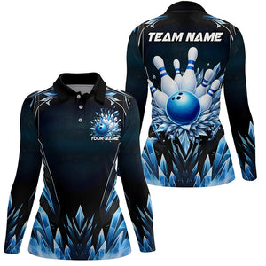 Custom Blue Icy Bowling Shirts For Women, Icy Crystaline Bowling Team Shirt Bowler Outfits IPHW7892