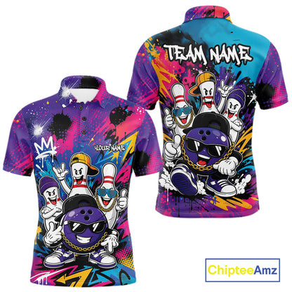 Custom Funny Colorful Hiphop Bowling Men Polo Team Shirt, Graffity Bowling Jerseys IPHW11804
