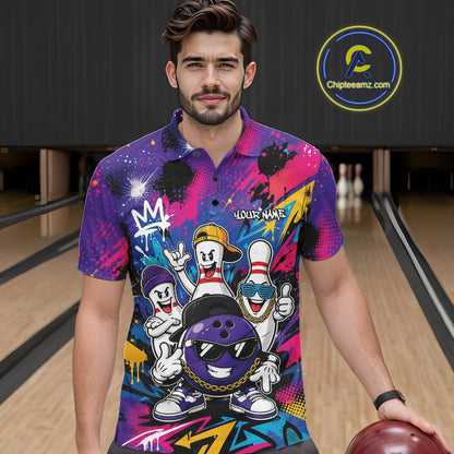 Custom Funny Colorful Hiphop Bowling Men Polo Team Shirt, Graffity Bowling Jerseys IPHW11804