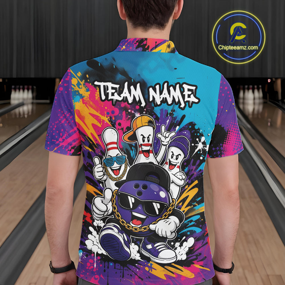 Custom Funny Colorful Hiphop Bowling Men Polo Team Shirt, Graffity Bowling Jerseys IPHW11804