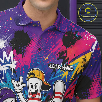Custom Funny Colorful Hiphop Bowling Men Polo Team Shirt, Graffity Bowling Jerseys IPHW11804