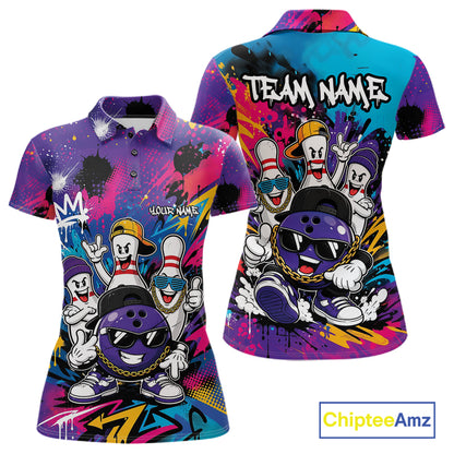 Custom Funny Colorful Hiphop Bowling Women Polo Team Shirt, Graffity Bowling Jerseys IPHW11804