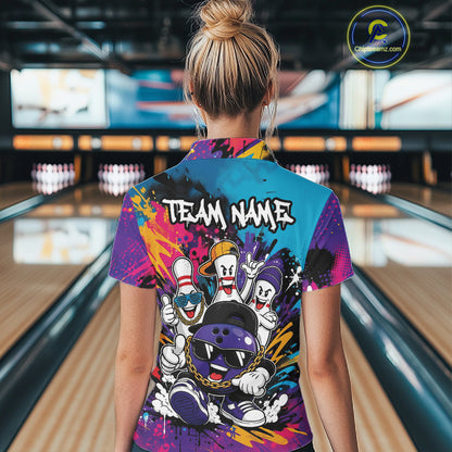 Custom Funny Colorful Hiphop Bowling Women Polo Team Shirt, Graffity Bowling Jerseys IPHW11804