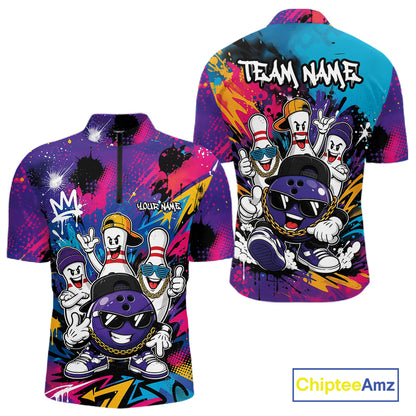 Custom Funny Colorful Hiphop Bowling Men Quarter Zip Team Shirt, Graffity Bowling Jerseys IPHW11804