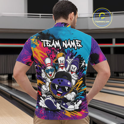 Custom Funny Colorful Hiphop Bowling Men Quarter Zip Team Shirt, Graffity Bowling Jerseys IPHW11804