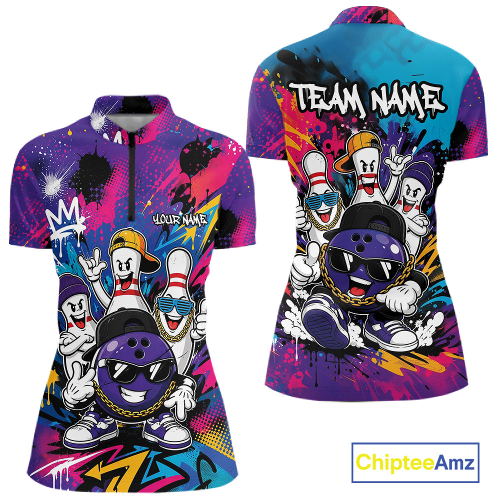 Custom Funny Colorful Hiphop Bowling Women Quarter-Zip Shirt, Graffity Bowling Jerseys IPHW11804