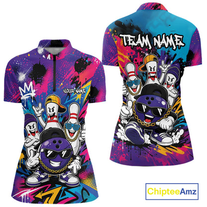 Custom Funny Colorful Hiphop Bowling Women Quarter-Zip Shirt, Graffity Bowling Jerseys IPHW11804