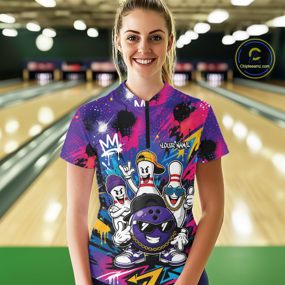 Custom Funny Colorful Hiphop Bowling Women Quarter-Zip Shirt, Graffity Bowling Jerseys IPHW11804