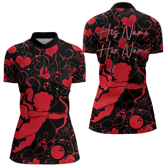 Black And Red Custom Valentines Day Womens Bowling Quarter-Zip Shirts, Bowling Couple Shirt IPHW8329