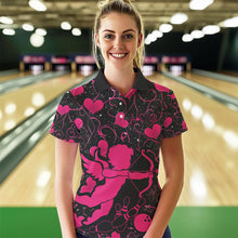 Load image into Gallery viewer, Black And Pink Custom Valentines Day Bowling Polo Shirts For Women, Bowling Couple Shirt IPHW8330