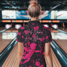 Load image into Gallery viewer, Black And Pink Custom Valentines Day Bowling Polo Shirts For Women, Bowling Couple Shirt IPHW8330