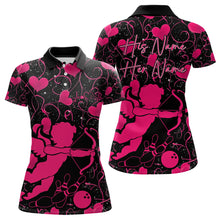 Load image into Gallery viewer, Black And Pink Custom Valentines Day Bowling Polo Shirts For Women, Bowling Couple Shirt IPHW8330