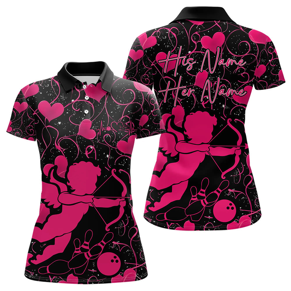 Black And Pink Custom Valentines Day Bowling Polo Shirts For Women, Bowling Couple Shirt IPHW8330