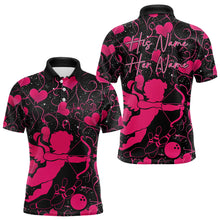 Load image into Gallery viewer, Black And Pink Custom Valentines Day Bowling Polo Shirts For Men, Bowling Couple Shirt IPHW8330