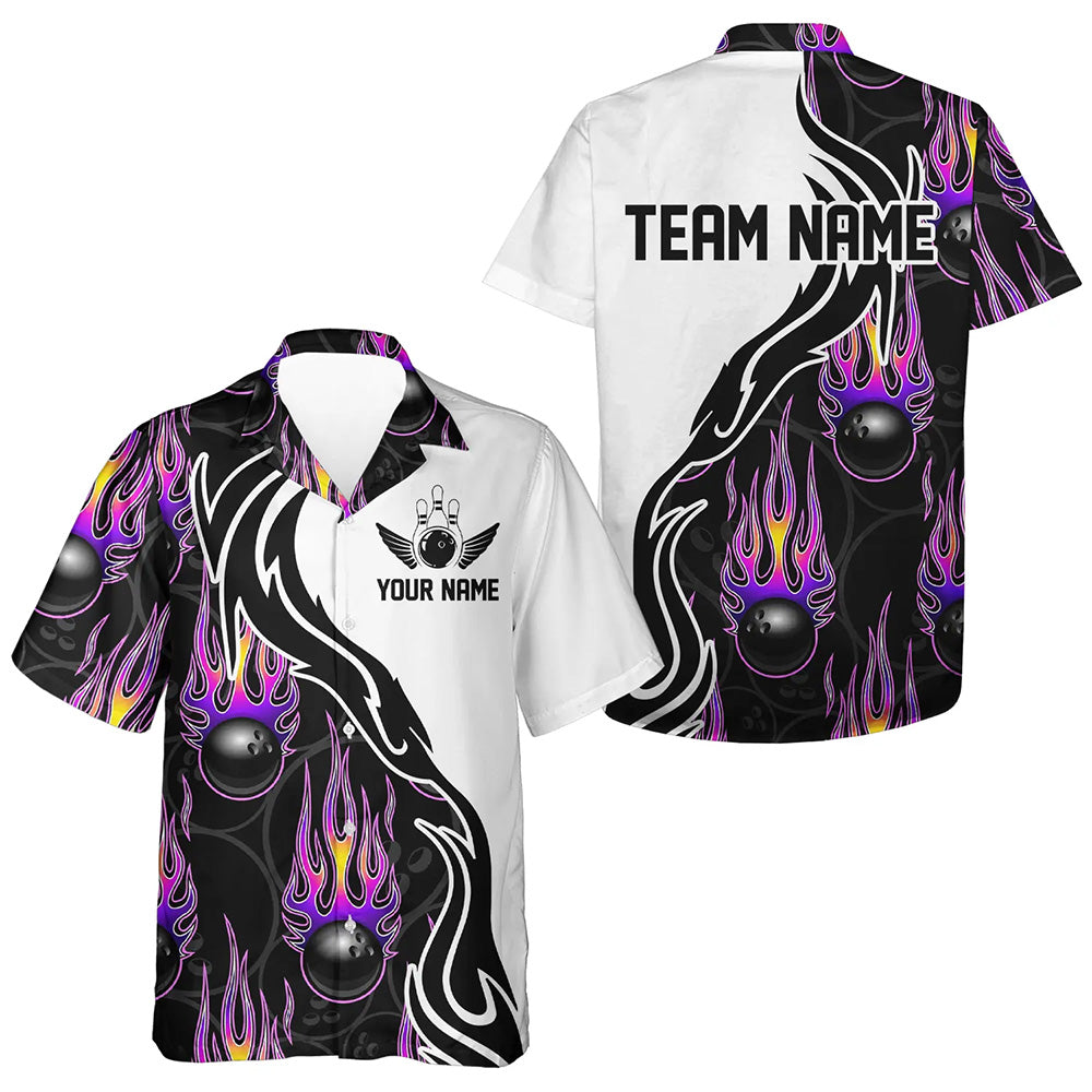 Custom Purple Flame Bowling Hawaiian Shirts For Men, Personalized Bowling Team Jerseys IPHW4598