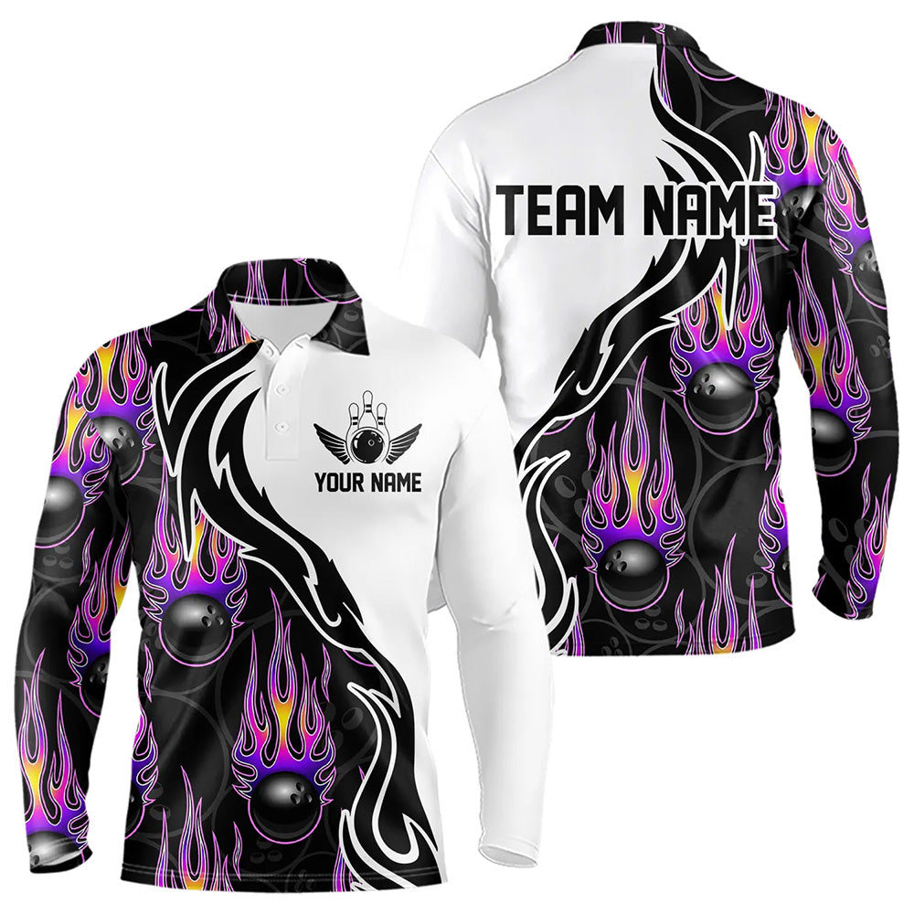 Custom Purple Flame Bowling Long Sleeve Polo Shirts For Men, Personalized Bowling Team Jerseys IPHW4598