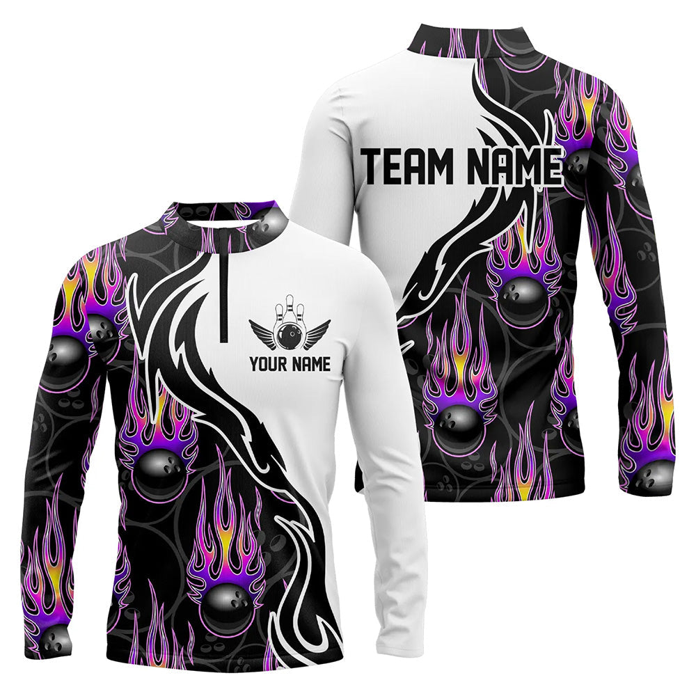 Custom Purple Flame Bowling Long Sleeve Quarter-Zip Shirts For Men, Bowling Team Jerseys IPHW4598