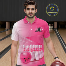 Load image into Gallery viewer, Front view of a male model in a bowling lane wearing a polo shirt with bowling ball and pins arranged in a pink gradient layout.