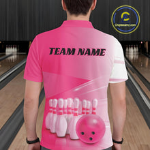 Load image into Gallery viewer, Male model back view at the bowling lane wearing a polo shirt with bowling ball and pins arranged within a pink gradient layout.