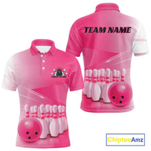 Load image into Gallery viewer, Front and back men’s bowling polo shirt mockup with bowling ball and pins graphics arranged within a pink gradient layout.