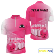 Load image into Gallery viewer, Front and back men’s bowling quarter zip shirt mockup featuring bowling ball and pins arranged within a pink gradient design.