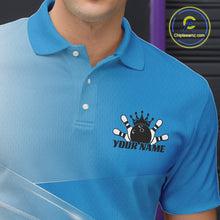 Load image into Gallery viewer, Close up left chest view of a bowling polo shirt with bowling ball and pins arranged within a pink gradient layout.