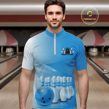 Load image into Gallery viewer, Male model front view at the bowling lane wearing a bowling quarter zip shirt with bowling ball and pins across a pink gradient design.