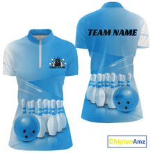 Load image into Gallery viewer, Front and back women’s bowling quarter zip mockup with bowling ball and pins motif arranged within a pink gradient layout.